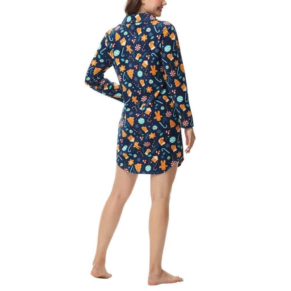 NWT INK + IVY Long Sleeve Christmas Print Notch Collar Sleepshirt Nightgown - Picture 2 of 7